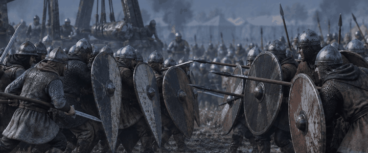 Two shield lines meet beside a siege engine