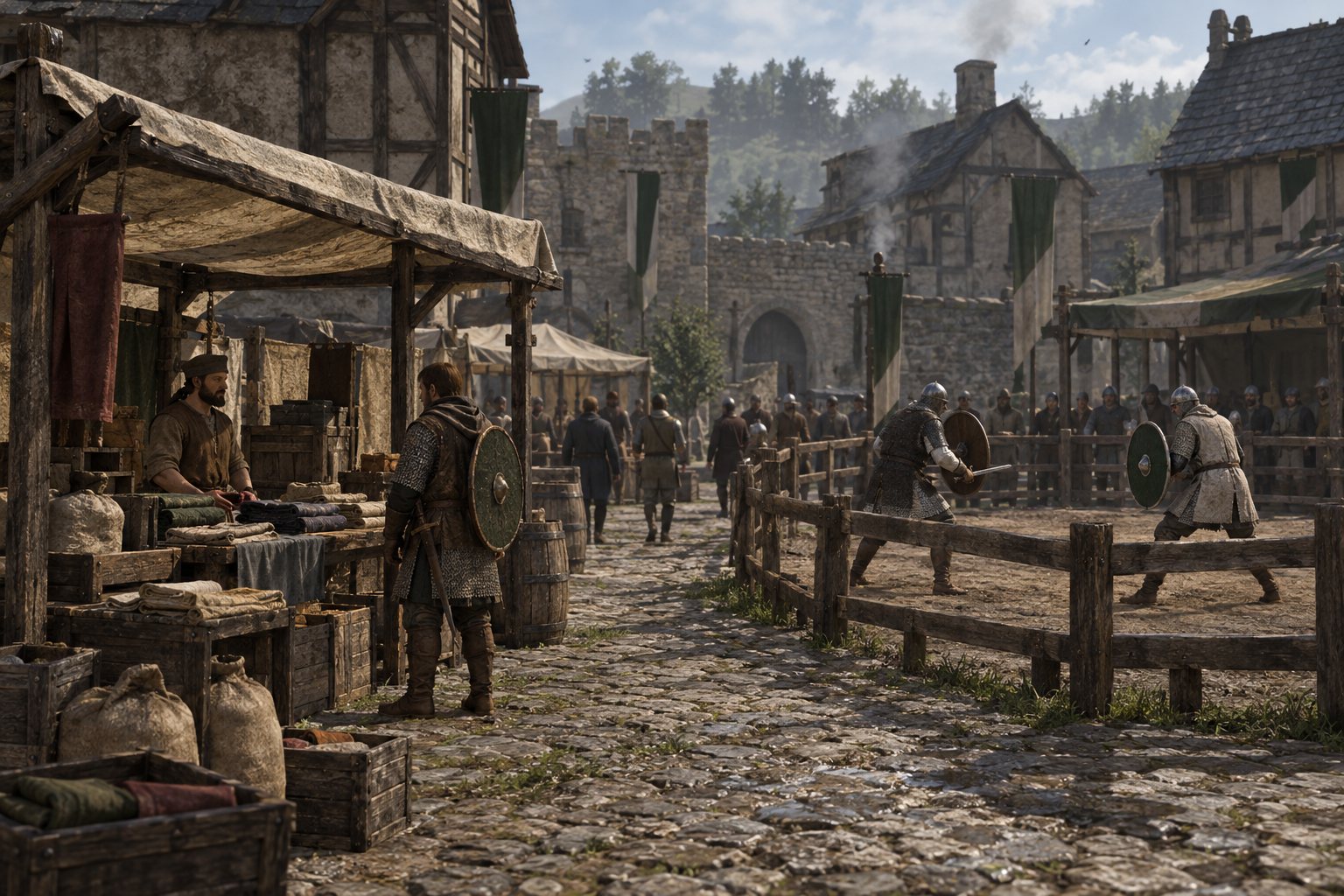A market stall and tournament ring share a Realm town square